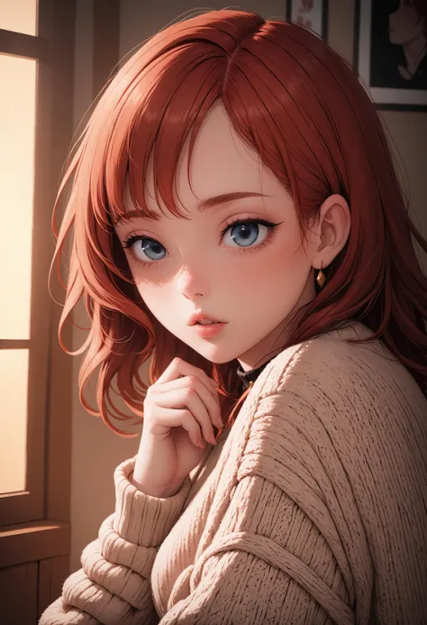 raw photo, (18yo redhead girl:1.2), makeup, graphic eyeliner, rouge, (choker:0.9), realistic skin texture, oversize knit sweater, (red:0.8), softcore, warm lighting, cosy atmosphere, instagram style, high quality dslr snapshot, high definition film grain photo taken at f/16, ISO 100, with a 200mm lens, global illumination, fibonacci