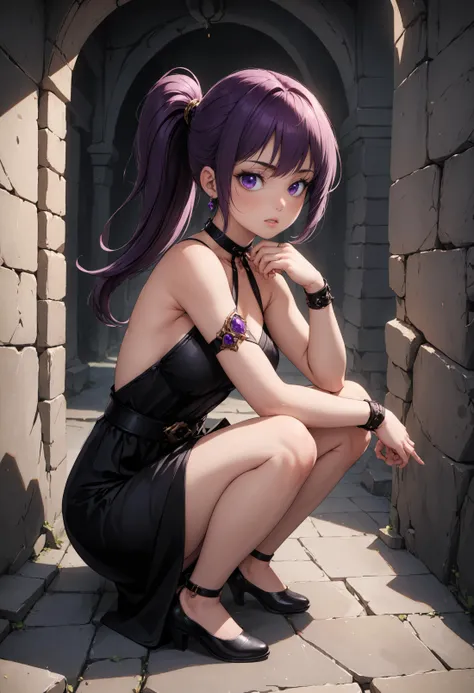 masterpiece, best quality, absurdres, 1girl, solo, purple eyes, side ponytail, black choker, arm strap, armlet, black dress, halter dress, belt, sleeveless, single glove, thigh strap, squatting, indoors, stone floor, stone walls, dungeon,