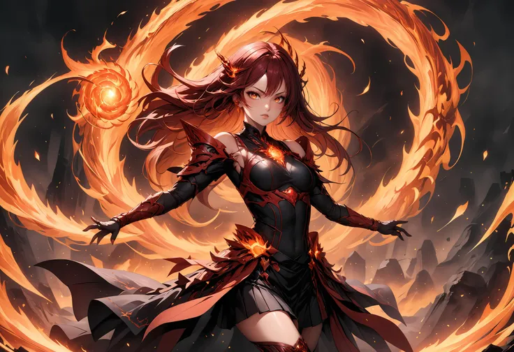 Photo of a striking fire mage, radiating fierce energy, standing amidst swirling flames. Her shoulder-length dark red hair complements an armoured dress made of chrome.  Her hands command orbs of infernal fire, weaving intricate patterns in the air. Behind them, a raging firestorm dances, casting dynamic shadows. The mage's eyes blaze with determination, embodying the raw power of combustion. Embers float in the air, leaving trails of smoldering light. The scene crackles with intensity, capturing the essence of fire's primal force.    There is an epic volumetric lighting creating a dramatic, cinematic look.