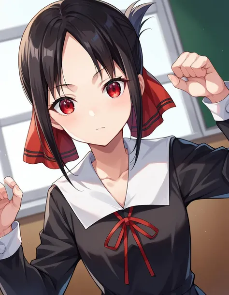 score_9, score_8_up, score_7_up, source_anime,
kaguyashinomiya, <lora:kaguya-shinomiya-ponyxl-lora-nochekaiser:1>,
kaguya shinomiya, short hair, bangs, black hair, red eyes, hair ribbon, sidelocks, folded ponytail, parted bangs,
long sleeves, dress, ribbon, school uniform, collarbone, black dress, sailor collar, white sailor collar, red ribbon, neck ribbon, shuuchiin academy school uniform,
indoors, classroom,
looking at viewer, cowboy shot, dynamic pose, dutch angle,