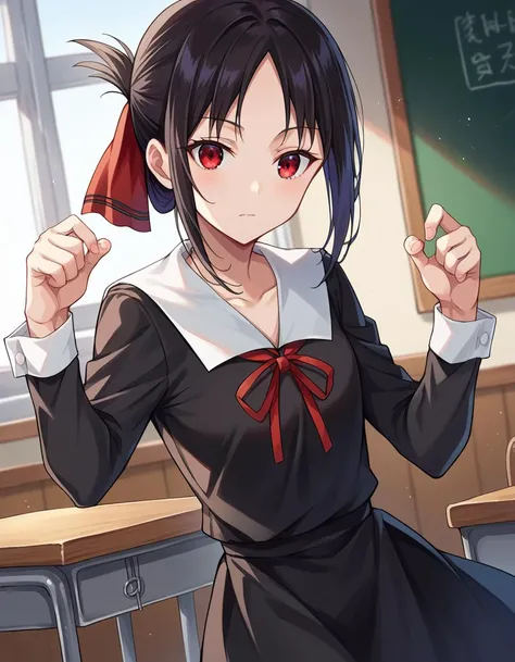 score_9, score_8_up, score_7_up, source_anime,
kaguyashinomiya, <lora:kaguya-shinomiya-ponyxl-lora-nochekaiser:1>,
kaguya shinomiya, short hair, bangs, black hair, red eyes, hair ribbon, sidelocks, folded ponytail, parted bangs,
long sleeves, dress, ribbon, school uniform, collarbone, black dress, sailor collar, white sailor collar, red ribbon, neck ribbon, shuuchiin academy school uniform,
indoors, classroom,
looking at viewer, cowboy shot, dynamic pose, dutch angle,