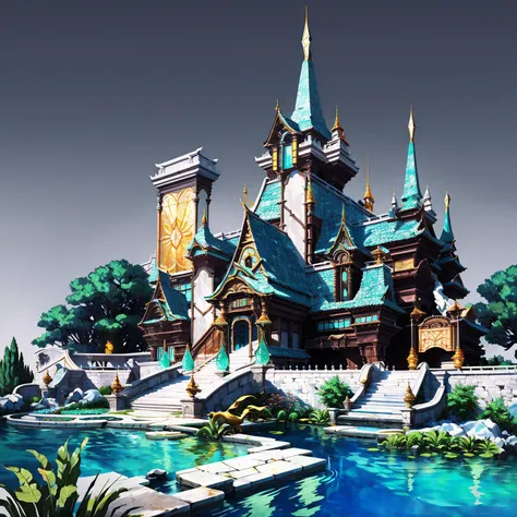 Ethereal Fortress of the Elven King, Bioluminescent Photoluminescent Pavers, In-Ground Well Lights, Pond and Pool Lighting,architecture,<lora:sandiese:0.8>,architecture,building,grey_background