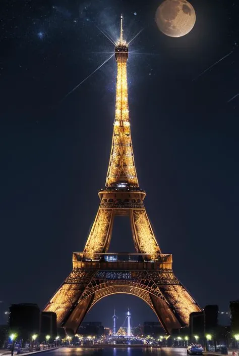 (8k: 1.2), 4k, best quality, high quality, detailed sky, night, moon in the sky, stars in the sky, <lora:eiffel tower:0.8>, eiffel tower