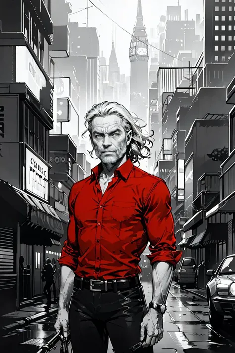 medium shot,old man,cowboy,red shirt,wild west,Sin_City_Style,monochrome,detailed,(prettyeyes:0.75),sharp,HD,HDR,noir style,flat colors,<lora:Immoral_City:0.8>,