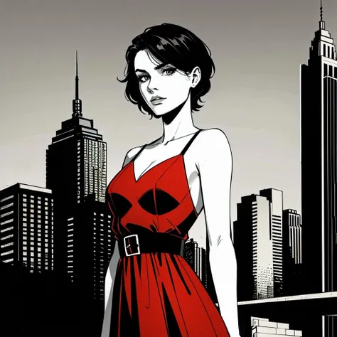 medium shot, pretty woman, red dress, short hair, <lora:Immoral_City_v1:0.g5>, Sin_City_Style, monochrome, detailed, (prettyeyes:0.75), sharp, HD, HDR