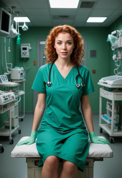 ((fashion photography)), perfect face, perfect eyes, (medium full shot) of (angelic doctor) young woman, french, bright green eyes, light skin, fair skin, brown eyes, slender, medium red curly down hair, wearing a green medical scrub,dress pants,loafers, gloves, set in Resuscitation Bay, Spacious area with specialized medical equipment, overhead lighting designed for surgical procedures, crash carts stocked with emergency medications, a defibrillator mounted on the wall, a central suction system for clearing airways, at night, surprised, open mouth, running toward the viewer, masterpiece, best quality, photorealistic, very aesthetic