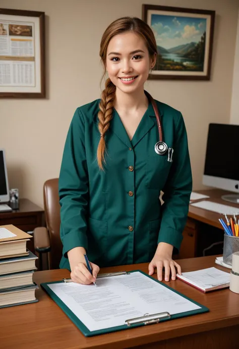 (medium full shot) of  (vivacious doctor) young woman, philippine, fair skin, brown eyes, tiny build, extra long ginger french braid hair,  wearing a dark green button-up shirt, tailored pants, white sneakers, holding a clipboard, set in  Doctor Office, Cozy room with a desk cluttered with patient files, diplomas hanging on the wall, a leather armchair for consultations, a bookshelf filled with medical reference books, a framed landscape painting above the desk , at night, woman smiling at the viewer, Masterpiece,best quality, photo, realistic, very aesthetic, detailed face,