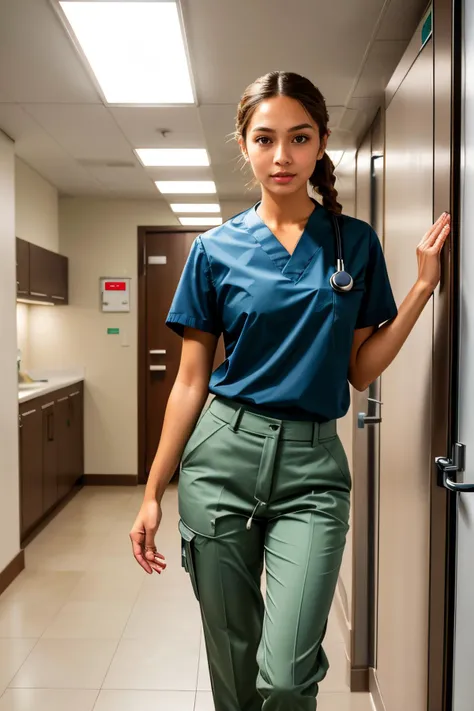 (full body photo:1.1),(fullbody:1.1),(full body:1.1),(fullbody shot:1.1),(supermodel doctor) young woman, philippine, brown eyes, tan skin, tan skin, light brown eyes, Average build, long brown dutch braid hair,  wearing a green polo shirt,tailored pants,professional shoes, stethoscope, set in Resuscitation Bay, Spacious area with specialized medical equipment, overhead lighting designed for surgical procedures, crash carts stocked with emergency medications, a defibrillator mounted on the wall, a central suction system for clearing airways, at night, (highly detailed skin with hairs:1.1),(detailed skin:1.1),(detailed face:1.1),(detailed eyes:1.1),(photo, realistic, photorealistic:1)