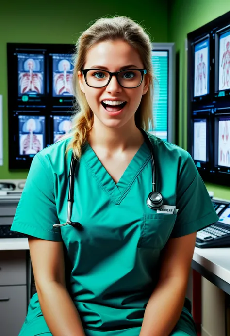 (medium full shot) of (sexy doctor) young woman, british, blue eyes, light skin, curvy, dark half-up half-down hair,             wearing a green   scrub top,khakis,black dress shoes, eyeglasses, surprised, open mouth, pointing her finger at the viewer, set in  Triage Area, Brightly lit space with mobile partition screens for privacy, rows of chairs for waiting patients, a large desk with medical charts and a computer workstation, medical equipment carts neatly arranged along the walls, a digital display board for patient status updates, at night, ,Masterpiece,best quality, photorealistic, amazing quality, very aesthetic, extremely detailed face,