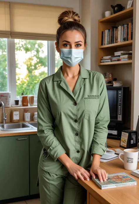 ((fashion photography)), perfect face, perfect eyes, (medium full shot) of  (sexy doctor) young woman, canadian, tan skin, green eyes, normal, long hazel messy bun hair,  wearing a green button-up shirt,medical trousers,comfortable medical shoes, surgical mask, set in  clinic, Staff Lounge, Cozy retreat with plush couches arranged around a coffee table, a kitchenette with a coffee maker and microwave, a bookshelf filled with novels and board games, a whiteboard displaying staff schedules, a window overlooking a serene garden, at sunset, smiling at the viewer, masterpiece, best quality, photorealistic, very aesthetic