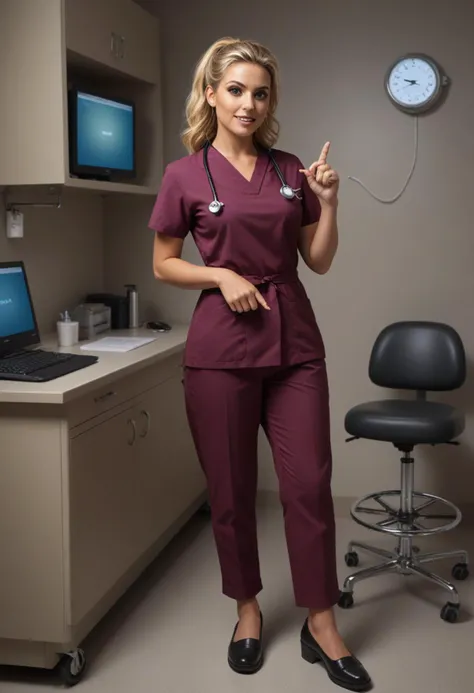 (medium full shot) of (desirable doctor) young woman, italian, green eyes, tan skin, curvy, blonde French twist hair, wearing a burgundy medical uniform top,dress pants,orthopedic shoes, stethoscope, surprised, open mouth, pointing her finger at the viewer, set in Doctor Examination Room, Clinical space with an adjustable examination table at its center, a rolling stool for the physician, cabinets stocked with medical supplies and instruments, a sink with hand sanitizer dispenser nearby, a computer workstation against the wall , at night, Masterpiece,best quality, photorealistic, amazing quality, very aesthetic, extremely detailed face,