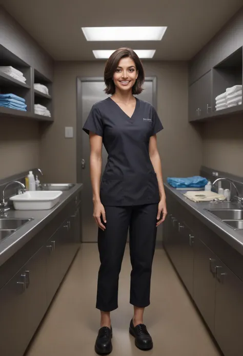 (medium full shot) of (supermodel doctor) young woman, brazilian, brown eyes, tan skin, athletic build, dark neat bob hair, wearing a black medical uniform top,dress pants,black dress shoes, stethoscope, smiling at the viewer, set in Operating Room, Scrub Area, Compact space with sinks equipped with foot pedals for hands-free operation, shelves stocked with sterile scrub brushes and surgical scrubs, a wall-mounted mirror for pre-operative preparation, a dispenser for disposable towels, a trash bin lined with a biohazard bag, at night, Masterpiece,best quality, photorealistic, amazing quality, very aesthetic, extremely detailed face,