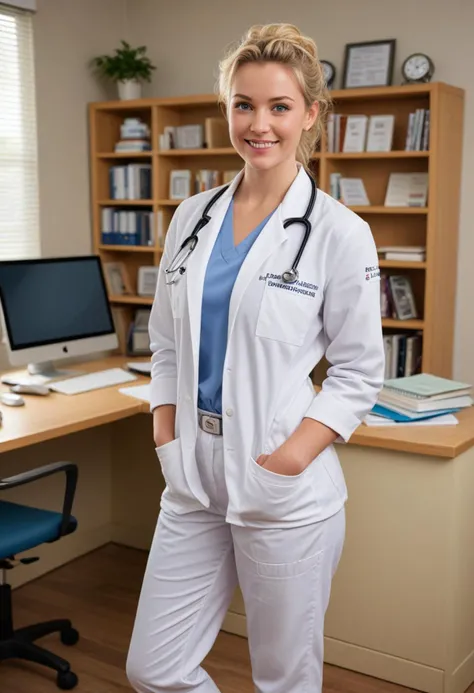 (medium full shot) of (angelic doctor) young woman, british, blue eyes, light skin, curvy, blonde French twist hair, wearing a white scrub top,khakis,white sneakers, penlight, smiling at the viewer, set in doctor Office, Professional space with a large desk cluttered with patient files and medical journals, a comfortable armchair for consultations, diplomas and certifications displayed on the walls, a computer workstation with dual monitors, a bookshelf filled with medical reference books , at sunset, Masterpiece,best quality, photorealistic, amazing quality, very aesthetic, extremely detailed face,