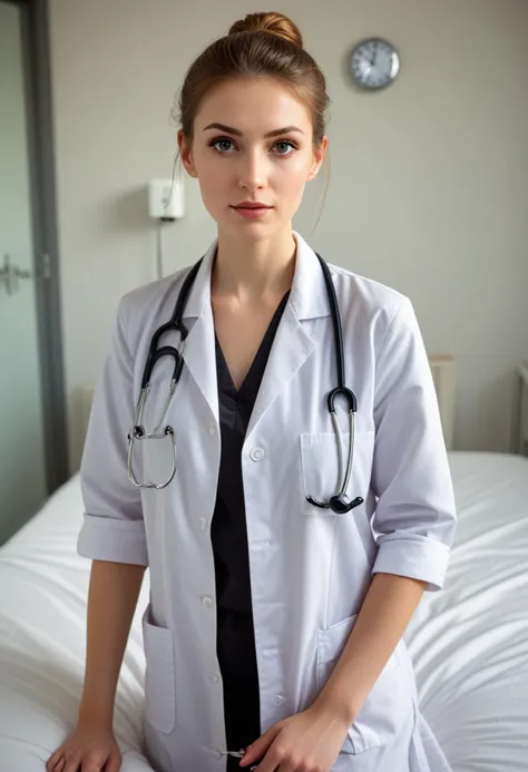 ((fashion photography)), perfect face, perfect eyes, (medium full shot) of (desirable doctor) young woman, german, pale skin, light brown eyes, Medium, extra long hazel ponytail hair, wearing a neatly pressed white shirt,medical trousers,black dress shoes, stethoscope, set in hospital, Patient Room, simple room with hospital bed, bedside table, chair, adjustable lighting, emergency call button, at sunset, surprised, open mouth, running toward the viewer, masterpiece, best quality, photorealistic, very aesthetic