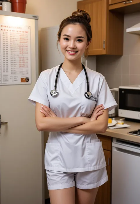 (medium full shot) of (sexy doctor) young woman, chinese, light skin, light brown eyes, petite build, short hazel bun hair, wearing a medical uniform top, medical trousers, clogs, holding a penlight, set in Staff Lounge, Cozy room with comfortable seating, a coffee table strewn with medical journals and magazines, a refrigerator for storing meals, a microwave oven for reheating food, a whiteboard for leaving messages and schedules, at night, woman laughing, arms crossed, Masterpiece,best quality, photo, realistic, very aesthetic, detailed face,