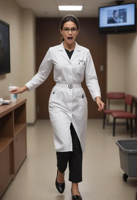 (medium full shot) of (gorgeous doctor) young woman, spanish, dark brown eyes, tan skin, medium build, dark low chignon hair, wearing a white button-up shirt,medical trousers,black dress shoes, eyeglasses, surprised, open mouth, running toward the viewer, set in clinic, Waiting Area, Spacious room with rows of chairs facing a large television mounted on the wall, a magazine rack filled with current periodicals, a children's play area with toys and books, a water cooler with disposable cups, soft carpeting underfoot, at night, Masterpiece,best quality, photorealistic, amazing quality, very aesthetic, extremely detailed face,