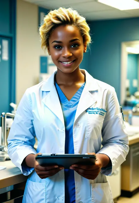 (medium full shot) of (desirable doctor) young woman, south african, dark eyes, dark skin, curvy, blonde French twist hair, wearing a white light blue lab coat,medical trousers,clogs, clipboard, smiling at the viewer, set in Treatment Rooms, Sterile rooms with adjustable examination tables, cabinets stocked with medical supplies, sinks with automatic faucets for handwashing, wall-mounted diagnostic equipment, rolling stools for medical staff, ,Masterpiece,best quality, photorealistic, amazing quality, very aesthetic, extremely detailed face,