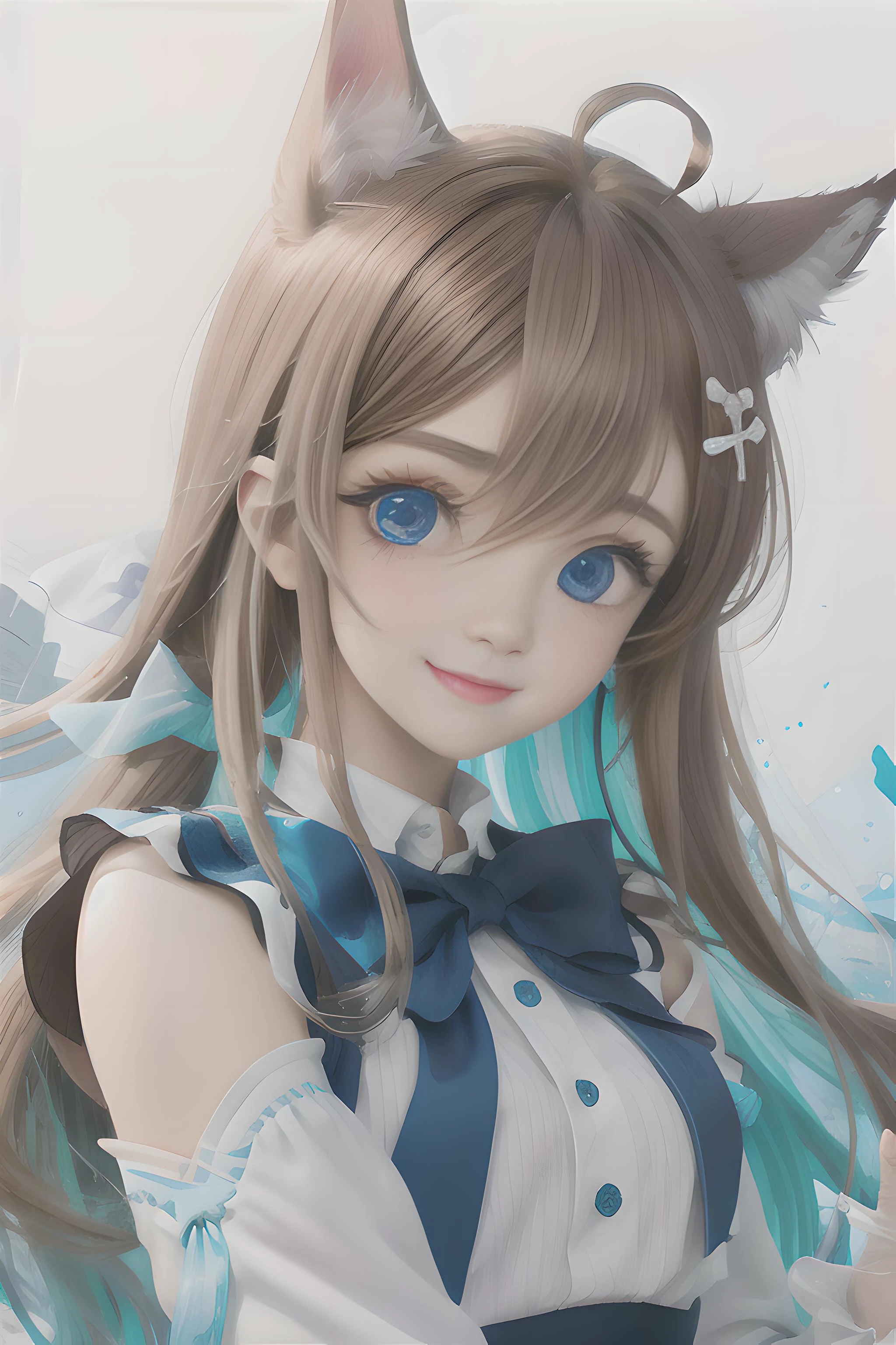 masterpiece, best quality, kawaii,adorable girl, girl,bishoujo,cute,long hair,light brown hair,hair between eyes,ahoge, blue eyes,beautiful detailed eyes,aqua eyes,cat_ears,blue hairbow,white kneehighs,white dress,white infrared sleeve,((beautiful detailed face)), (beautiful detailed eyes),boots,full body,white glove,cute face,happy