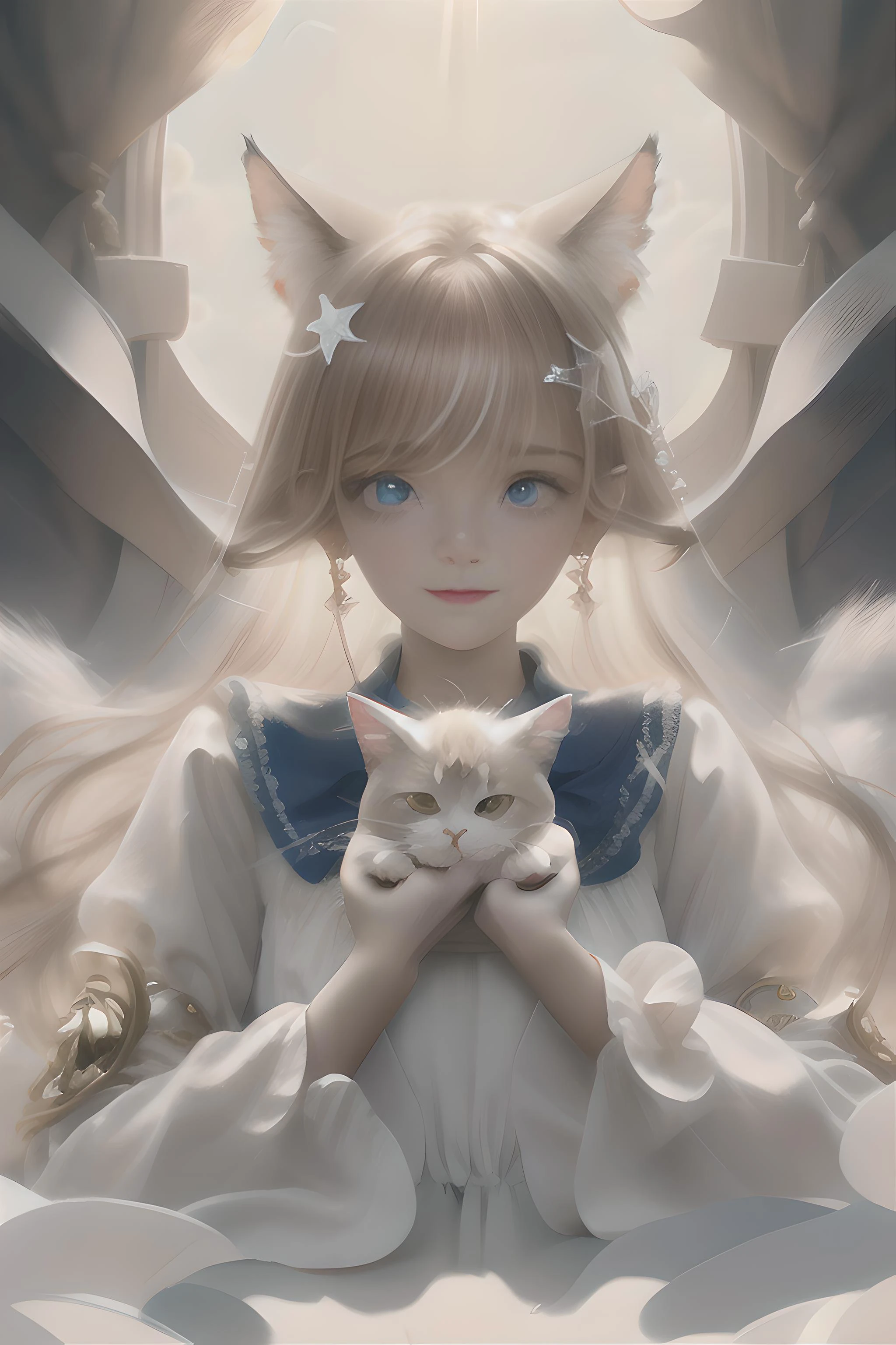 masterpiece, best quality, kawaii,adorable girl, girl,bishoujo,cute,long hair,light brown hair,hair between eyes,ahoge, blue eyes,beautiful detailed eyes,aqua eyes,cat_ears,blue hairbow,white kneehighs,white dress,white infrared sleeve,((beautiful detailed face)), (beautiful detailed eyes),boots,full body,white glove,cute face,happy ,<lora:DreamBasedOnGuofeng3_v10:1>