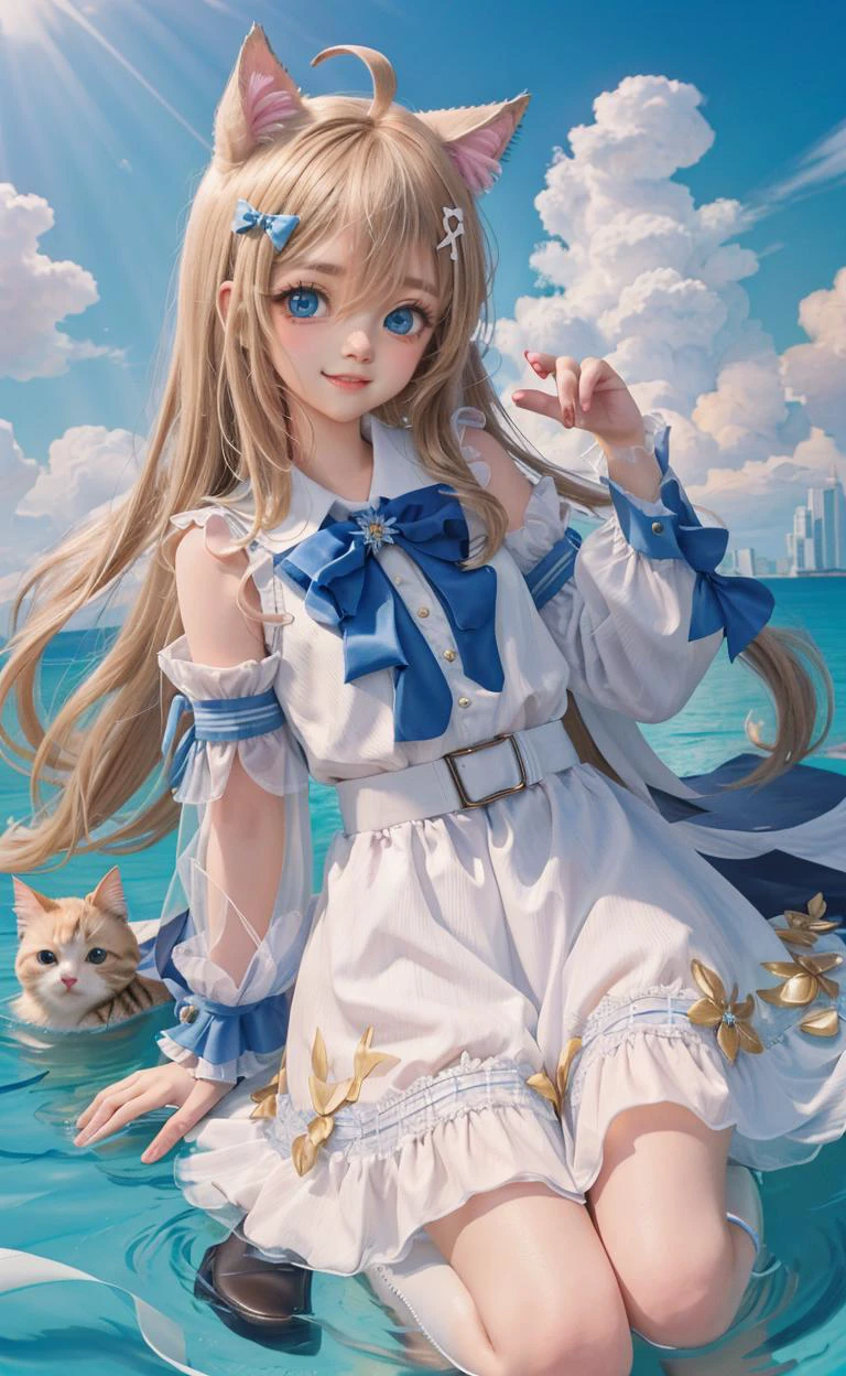 masterpiece, best quality, kawaii,adorable girl, girl,bishoujo,cute,long hair,light brown hair,hair between eyes,ahoge, blue eyes,beautiful detailed eyes,aqua eyes,cat_ears,blue hairbow,white kneehighs,white dress,white infrared sleeve,((beautiful detailed face)), (beautiful detailed eyes),boots,full body,white glove,cute face,happy