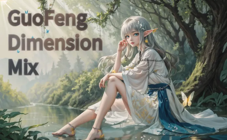 (((masterpiece))), (((best quality))), ((ultra-detailed)), (illustration), ((an extremely delicate and beautiful)),dynamic angle,floating, (beautiful detailed eyes), (detailed light) 1girl, pointy ears, long hair, water, solo, elf, sitting,half body, white hair, chain, green eyes, toeless legwear, barefoot, jewelry, looking at viewer,feather, leaves, nature, (sunlight), river, (forest),(painting),(sketch),(bloom),(portrait:1.2),(butterflys:1.2), (tyndall effect), obscure,hanfu <lora:addDetail.JO09:1>