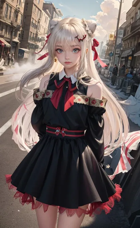 realistic,photorealistic,masterpiece,best quality,1girl,solo,(standing in street),looking at viewer,((masterpiece)),((best quality)),((official art)),(extremely detailed CG unity 8k wallpaper),((highly detailed)),((a girl)),(single),staring,fairy,hair_ornament,(very long hair),(messy_hair),bare shoulders,ribbon,hairs between eyes,beautiful detailed sky,close-up,arms behind back,thighs,mist-shrouded,chinadre,overexposure,solo,incredibly_absurdres,intense angle,pleated dress,single hair bun,white_hair,red_eyes,eyeshadow,eyeliner,eyes visible through hair,ribbon-trimmed sleeves,