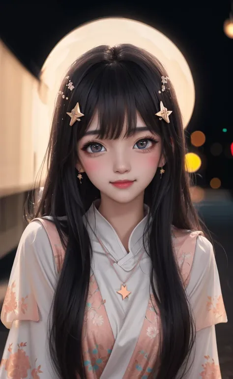 best quality, masterpiece, highres, 1girl,blush,(seductive smile:0.8),star-shaped pupils,china hanfu,hair ornament,necklace, jewelry,Beautiful face,upon_body, tyndall effect,photorealistic, dark studio, rim lighting, two tone lighting,(high detailed skin:1.2), 8k uhd, dslr, soft lighting, high quality, volumetric lighting, candid, Photograph, high resolution, 4k, 8k, Bokeh