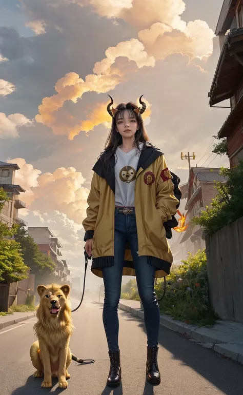 realistic,photorealistic,masterpiece,best quality,1girl,solo,(standing in street),looking at viewer,(solo),(Fantasy creatures),dog body,((Chinese jiao)),(((Horns))),Horns,(golden dog body:1.3),(golden lion head),Leopard print,(solo),Canines,lion head,fly up to the cloudy regions,fly up to the cloudy regions,Big and strong,Diabolical,Tyrannica,