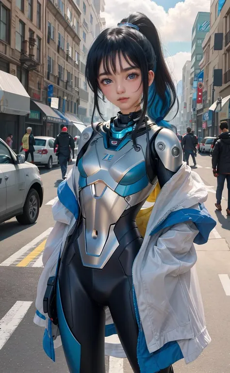 realistic,photorealistic,masterpiece,best quality,1girl,solo,(standing in street),looking at viewer,{{masterpiece}},Flat chestbest quality},solo,flat_chest,Detailed face,{a lot of glowing particles},High ponytail,Mecha cloths,Robot girl,Cool movement,Sliver bodysuit,{filigree},Delete and (enrich) hair,(Sliver) and (broker) body,Blue streaked hair,Depth of field,