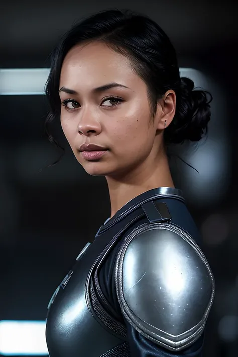 photo of beautiful (fr4nki34d4ms:0.99), a woman as a space smuggler, hair upsweep updo, silver space marine uniform, trousers, spaceship interior, dark moody ambience (masterpiece:1.2) (photorealistic:1.2) (bokeh) (best quality) (detailed skin:1.2) (intricate details) (nighttime) (8k) (HDR) (cinematic lighting) (sharp focus), (looking at the camera:1.1), ((closeup portrait:1.1)), (seductive pose)