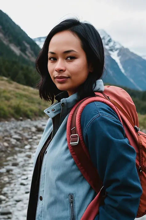 ((selfie)) photo of (fr4nki34d4ms:0.99), smiling, outdoors, mountains, wearing a backpack, sweater, and hiking jacket, rocks, river, wood, analog style (look at viewer:1.2) (skin texture), close up, cinematic light, sidelighting, Fujiflim XT3, DSLR, 50mm