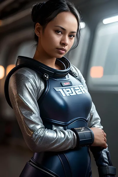 photo of beautiful (fr4nki34d4ms:0.99), a woman as a space smuggler, hair upsweep updo, silver space marine uniform, trousers, spaceship interior, dark moody ambience (masterpiece:1.2) (photorealistic:1.2) (bokeh) (best quality) (detailed skin:1.2) (intricate details) (nighttime) (8k) (HDR) (cinematic lighting) (sharp focus), (looking at the camera:1.1), (closeup portrait:1.1), (seductive pose)