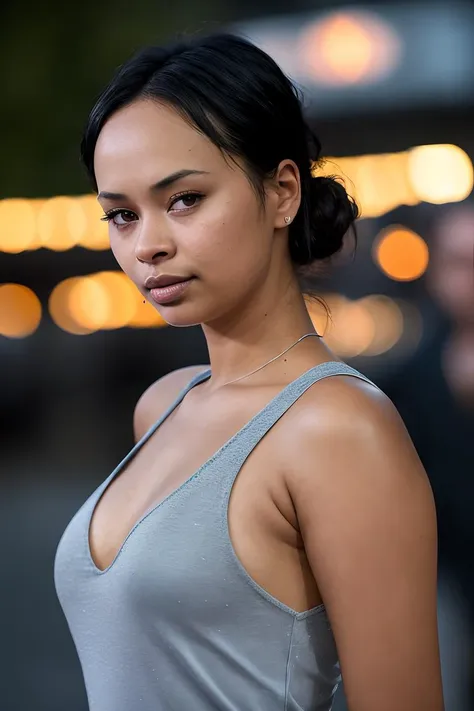 photo of beautiful (fr4nki34d4ms:0.99), a woman as a movie star, hair updo, sexy tank top, trousers, movie premiere gala, dark moody ambience (masterpiece:1.2) (photorealistic:1.2) (bokeh) (best quality) (detailed skin:1.2) (intricate details) (nighttime) (8k) (HDR) (cinematic lighting) (sharp focus), (looking at the camera:1.1), (closeup portrait:1.1), (seductive pose)