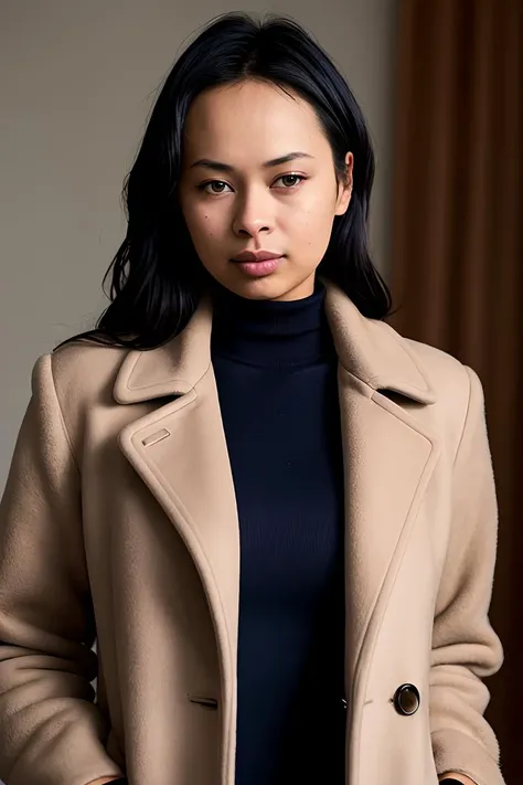photo of (fr4nki34d4ms:0.99), a woman, RAW, close portrait photo, long brown coat, turtleneck, long haircut, slim body, (high detailed skin:1.2), 8k uhd, dslr, soft lighting, high quality, film grain, Fujifilm XT3 sharp focus, f 5.6