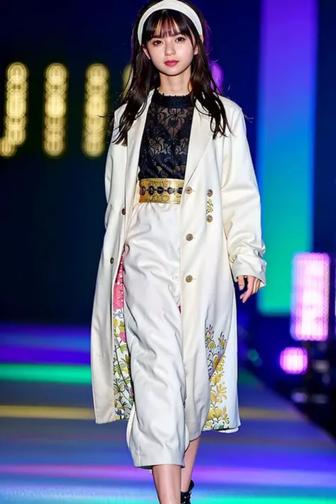 masterpiece, best quality, 1girl, aqua eyes, black hair, closed mouth, multicolored background, looking at viewer, outdoors, solo, upper body, alluring, clean, beautiful face, pure face, pale skin, sexy pose,((Overcoat)), ((short hair)), headband, ((perfect female figure)), mature female, milf, narrow waist, chinese deity, seductive, highly detailed,best quality, masterpiece, highres, original, extremely detailed 8K wallpaper,masterpiece, best quality, illustration, beautifully detailed eyes, cinematic lighting, catwalk \(walkway\),