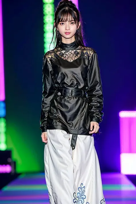 masterpiece, best quality, 1girl, aqua eyes, black hair, closed mouth, multicolored background, looking at viewer, outdoors, solo, full body, alluring, clean, beautiful face, pure face, pale skin, sexy pose,((House Dress)), ((hair bun)), ((perfect female figure)), mature female, milf, narrow waist, chinese deity, seductive, highly detailed,best quality, masterpiece, highres, original, extremely detailed 8K wallpaper,masterpiece, best quality, illustration, beautifully detailed eyes, cinematic lighting, catwalk \(walkway\),
