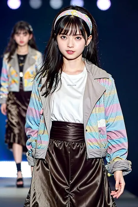 masterpiece, best quality, 1girl, aqua eyes, black hair, closed mouth, multicolored background, looking at viewer, outdoors, solo, upper body, alluring, clean, beautiful face, pure face, pale skin, sexy pose,((jacket, long skirt)), short hair, headband, ((perfect female figure)), mature female, milf, narrow waist, chinese deity, seductive, highly detailed,best quality, masterpiece, highres, original, extremely detailed 8K wallpaper,masterpiece, best quality, illustration, beautifully detailed eyes, cinematic lighting, catwalk \(walkway\),