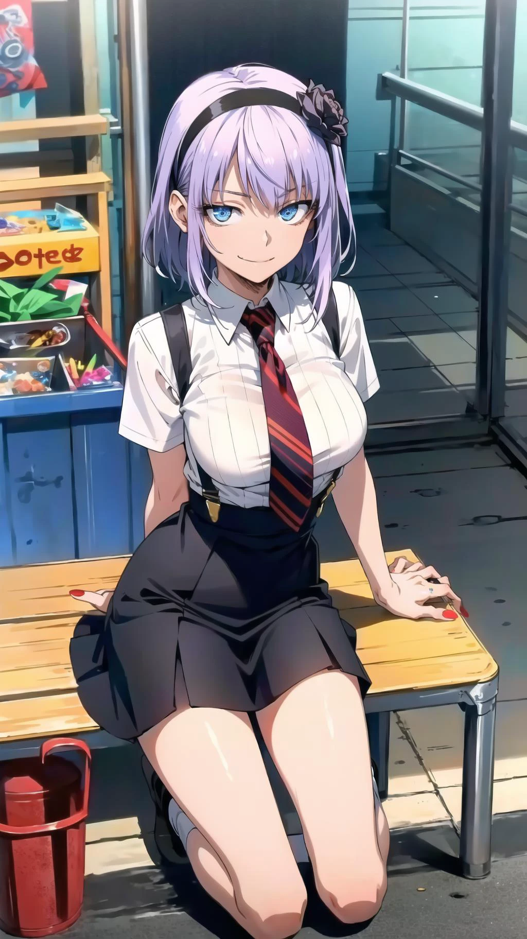 masterpiece, best quality, highres, BREAK,
<lora:Shidire:0.7>,Hotaru, purple hair, hairband, ringed eyes, blue eyes, hair flower, hair ornament, short hair,large breasts, (smirk:0.9)
suspenders, red nails, necktie, suspender skirt, shirt
, BREAK
,pompous face,future underground mall midnight, , old, , kneeling,(looking at viewer:1.1), knees,