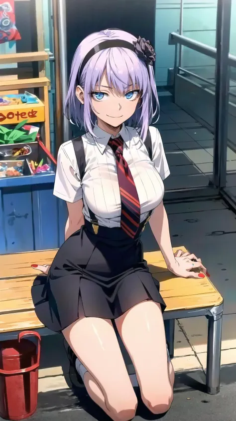 masterpiece, best quality, highres, BREAK,
<lora:Shidire:0.7>,Hotaru, purple hair, hairband, ringed eyes, blue eyes, hair flower, hair ornament, short hair,large breasts, (smirk:0.9)
suspenders, red nails, necktie, suspender skirt, shirt
, BREAK
,pompous face,future underground mall midnight, , old, , kneeling,(looking at viewer:1.1), knees,