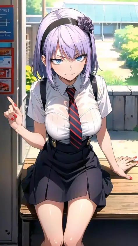 masterpiece, best quality, highres, BREAK,
<lora:Shidire:0.7>,Hotaru, purple hair, hairband, ringed eyes, blue eyes, hair flower, hair ornament, short hair,large breasts, (smirk:0.9)
suspenders, red nails, necktie, suspender skirt, shirt
, BREAK
,v-shaped eyebrows,future Seoul city evening, , kaleidoscope, , curled up,, breasts,
