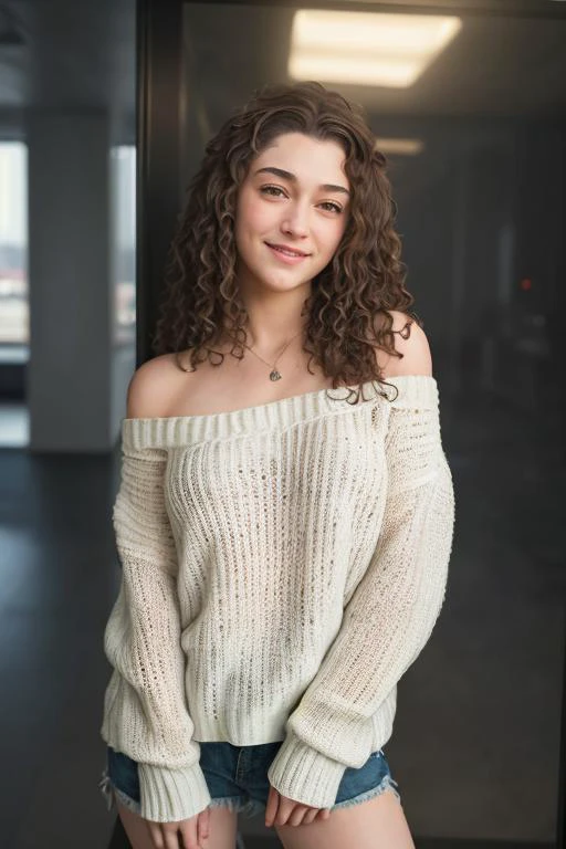 closeup headshot of Ruby, an attractive woman, in front of a (plexiglass-wall:1.1), wearing a ((off th4e shoulder sweater:1.1)), (smiling),(4k, RAW photo, best quality, 35mm, depth of field, ultra high res:1.1),(intricate, photorealistic, cinematic-shot, masterpiece, ultra-detailed:1.1),