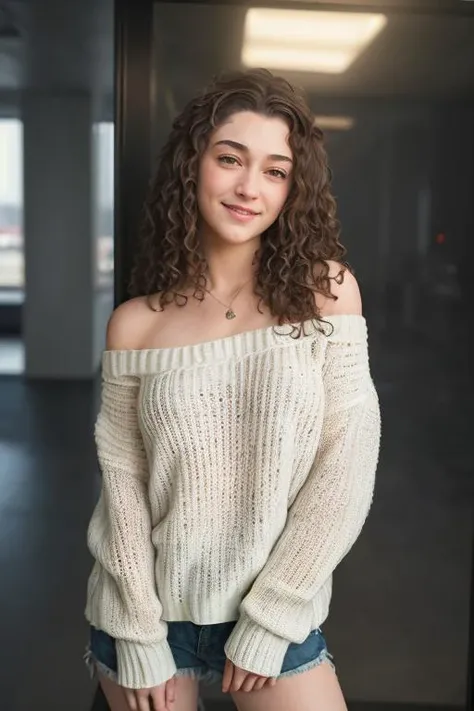 closeup headshot of Ruby, an attractive woman, in front of a (plexiglass-wall:1.1), wearing a ((off th4e shoulder sweater:1.1)), (smiling),(4k, RAW photo, best quality, 35mm, depth of field, ultra high res:1.1),(intricate, photorealistic, cinematic-shot, masterpiece, ultra-detailed:1.1),