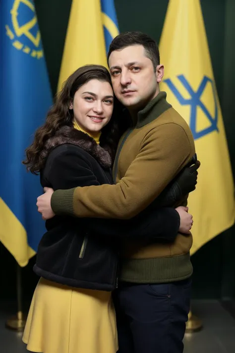 candid photograph of (woman and man together) Ruby wearing a turtleneck sweater and fur jacket and wool skirt ((embracing)) Ukrainian President<lora:Zelenskyy2:0.7>zelenskyy,(3/4 shot),(slight smirk),Kilo class submarine in the background,sunglasses,((Ushanka)),Ukrainian flag,(blue and yellow flag),((Kyiv))