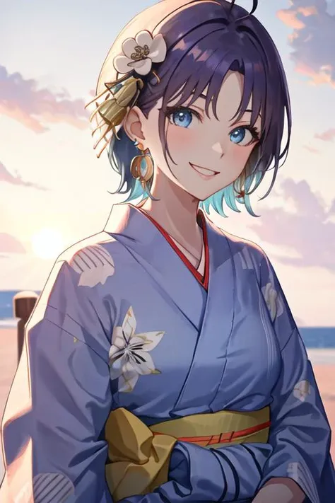 best quality, masterpiece, highres, solo, {yukata:1.40}, {kimono:1.20}, {asakura_tooru_theidolmstershinycolors:1.15}, short_hair, bangs, multicolored_hair, blue_hair, gradient_hair, jewelry, earrings, blue_eyes, smile, ahoge, parted_bangs, necktie