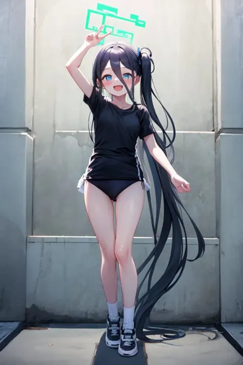 masterpiece, best quality, ultra-detailed,1girl, :d, absurdly long hair, alternate costume, aris, arm up, bangs, black buruma, black shirt, blush, buruma, full body, gym uniform, halo, open mouth, shirt, shoes, short sleeves, side ponytail, smile, socks, standing, white socks <lora:tendouAliceV1:0.8>