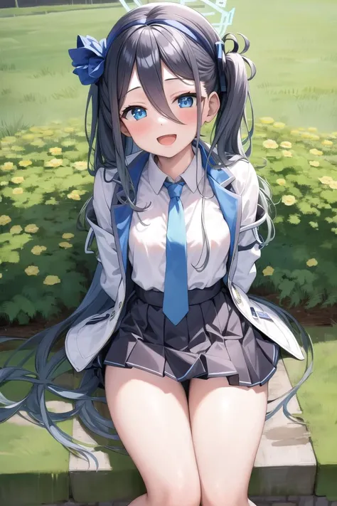 masterpiece, best quality, detailed, 1girl, arms behind back, sitting,
white jacket, white shirt, blue necktie, pleated skirt,
:d, bangs, blush, hair ornament, halo, long hair, looking at viewer, aris, open mouth, side ponytail, smile, solo, <lora:tendouAlice_v1:0.8>,