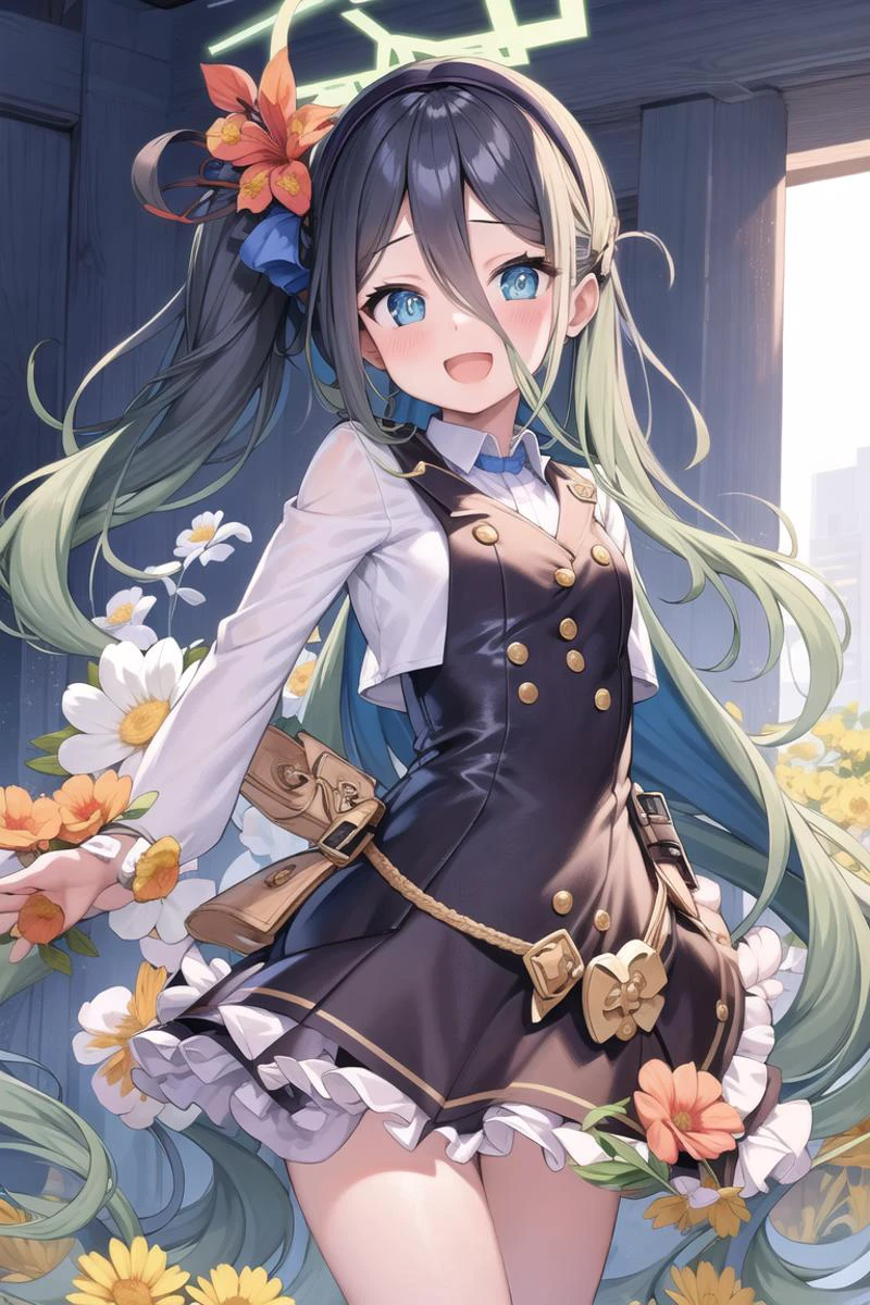masterpiece, best quality, ultra-detailed, illustration, 1girl, :d, bangs, blush, flower, hair ornament, halo, high-waist skirt, jacket, long hair, looking at viewer, aris, open mouth, short sleeves, side ponytail, skirt, smile, solo, upper body, <lora:tendouAlice_v1:0.8>,