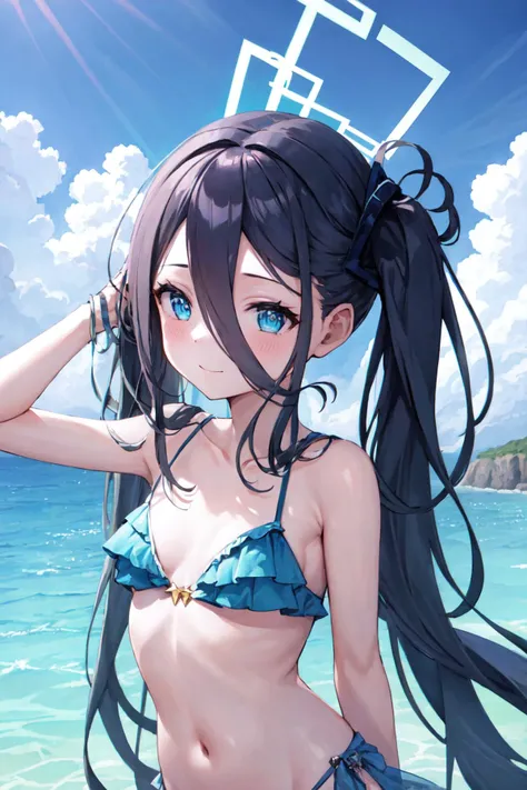 masterpiece, best quality, ultra-detailed, 1girl, aris, frilled bikini, beach, ocean, outdoors, blue sky, upper body, halo, small breasts <lora:tendouAliceV1:0.9>