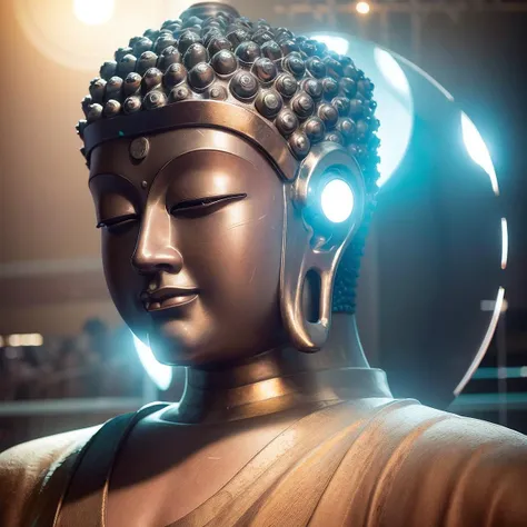 buddha statue, (metal:1.5), smooth, upper body, (light disk behind head:2), bright, ray tracing, (cyberpunk:1.6), (photorealistic:1.4), (best quality:1.0), (ultra highres:1.0), 8k, RAW photo, (masterpiece:0.2), ultra-detailed, 1male, portrait, detailed skin, (half closed eyes:1.2), sitting,<lora:chinaStyleBuddha_v11:0.8>