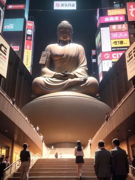 (super giant buddha statue meditating:1.2, <lora:zyd232_BuddhaStatue_v1.1:0.6>), (cyberpunk background:1.5), (photorealistic:1.4), (best quality:1.0), (ultra highres:1.0), 8k, RAW photo, (masterpiece:0.2), ultra-detailed, (crowd from behind standing on road:0.8),